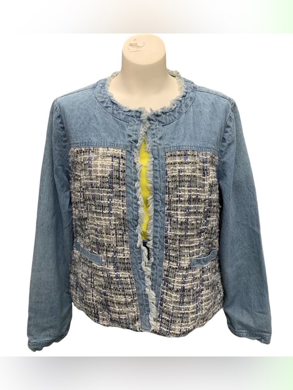 Arianna By Howard’s Tweed-Trim Denim Jacket in Light Blue Size L